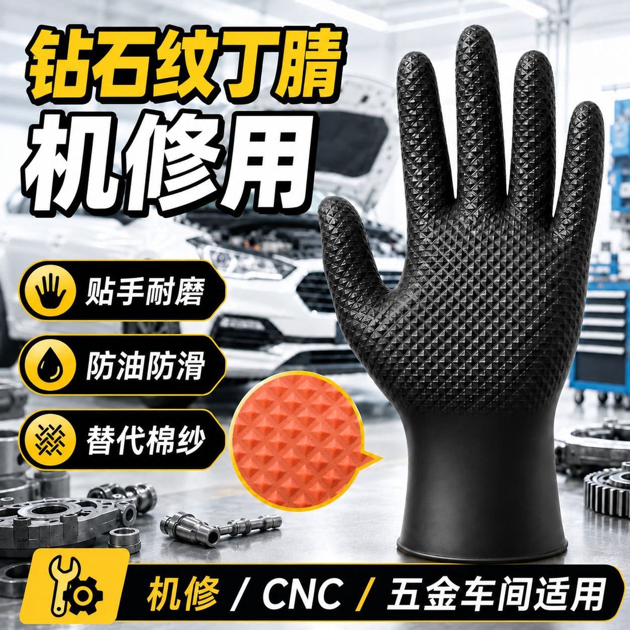 Diamond pattern nitrile gloves for machine repair CNC black thickened wear-resistant anti-slip industrial hardware factory disposable labor insurance