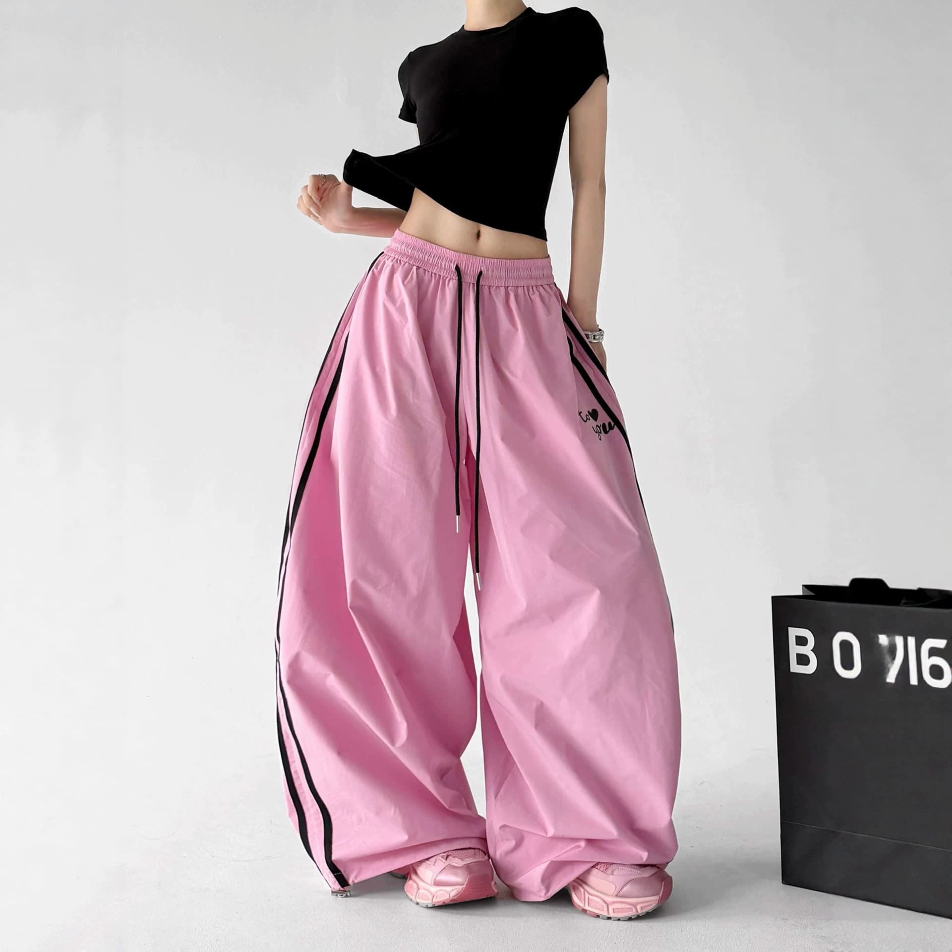 American Pink Striped Quick-Drying Sports Pants Women's Summer Loose Wide-Leg Pants Design Dopamine Jazz Dance Floor-Mopping Pants