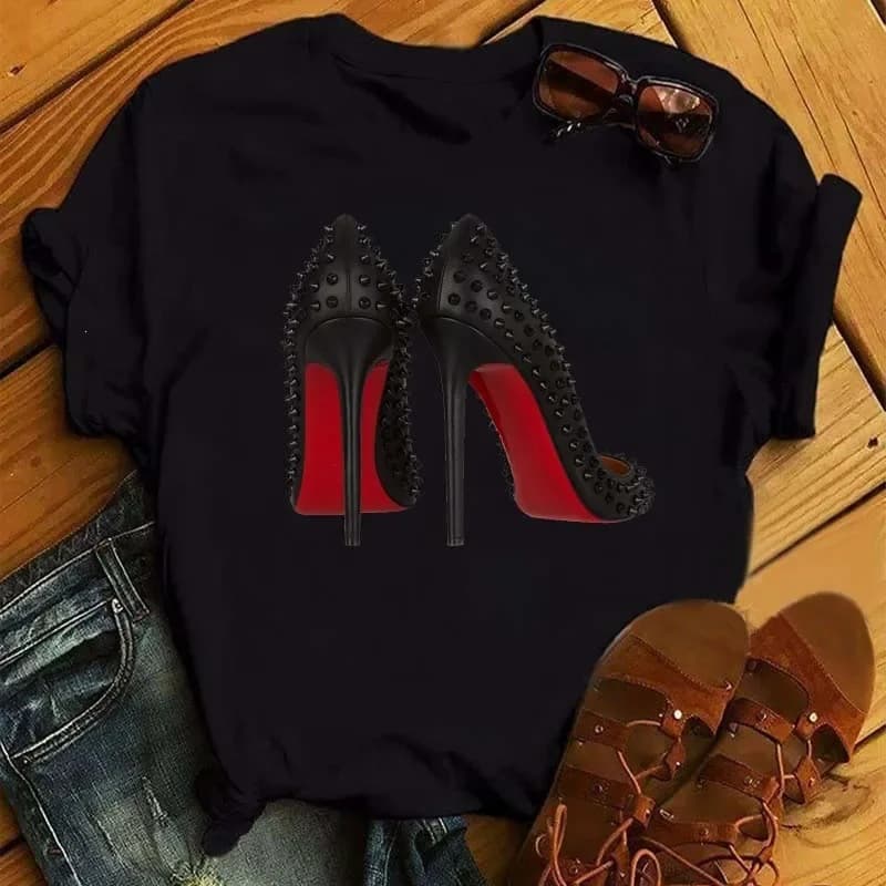 Maycaur Summer Women Tshirt New Fashion High Heels Printed S