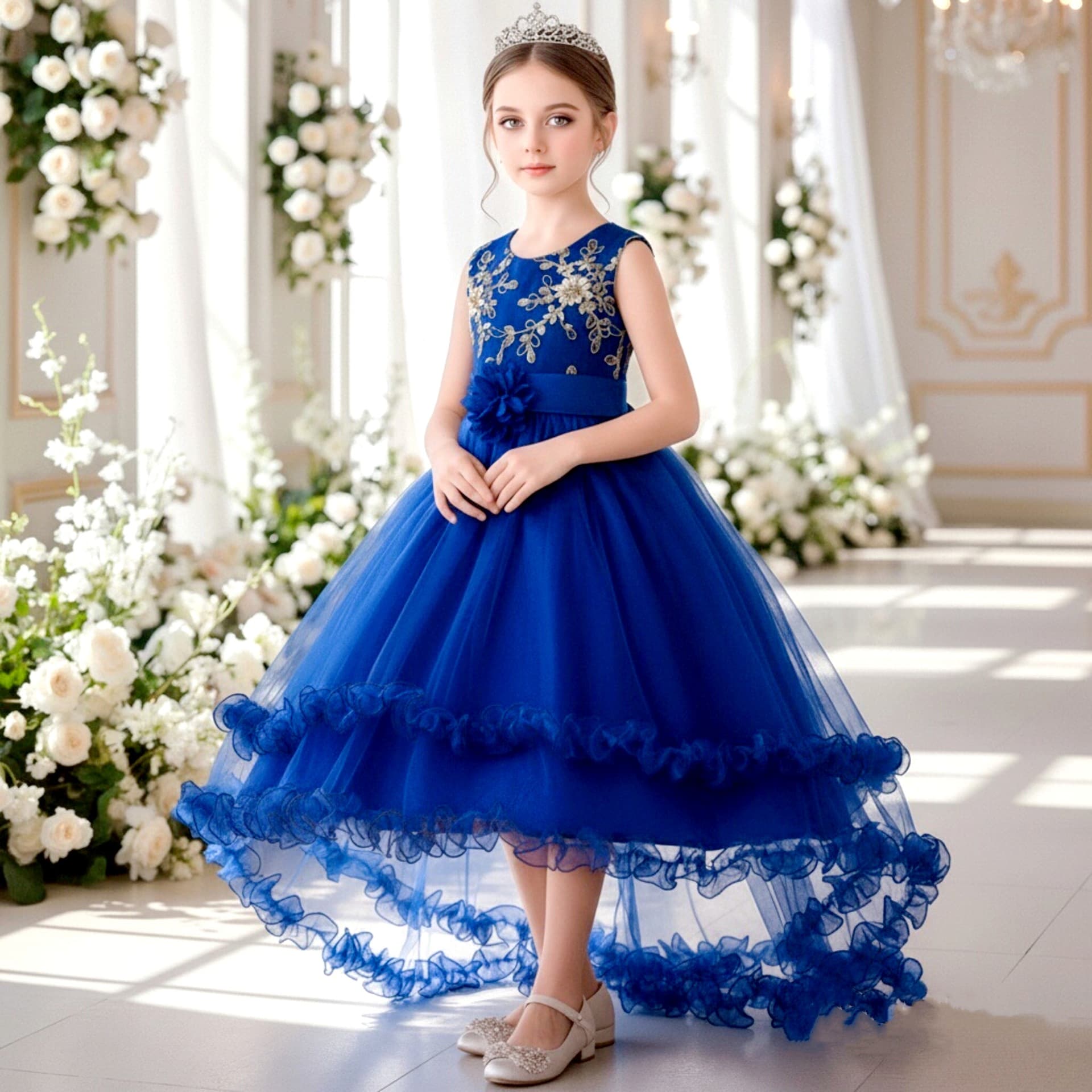 Golden Embroidered Tulle Children's Dress Wedding Flower Girl Puffy Skirt Mid-Large Children's Formal Dress Skirt for Girls