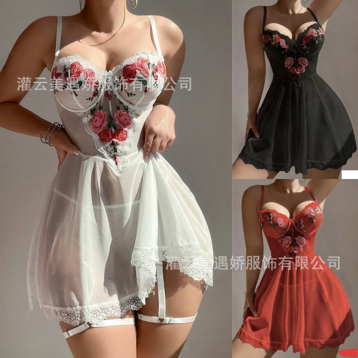 European and American Cross-Border Embroidered Mesh Sheer New Strap Fitted Embossed Plus Size Dress Lingerie Sleepwear