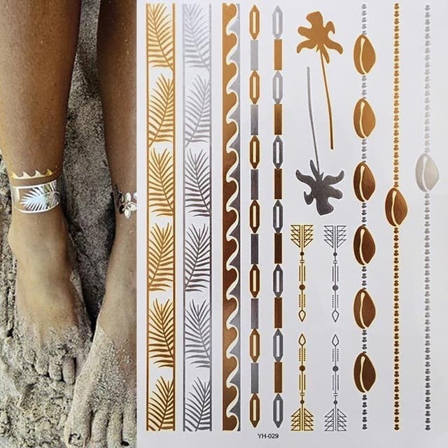 Gold Foil Tattoo Stickers for Amazon Party, Women's Arm Art Tattoo Stickers, Masquerade Metal Tattoos
