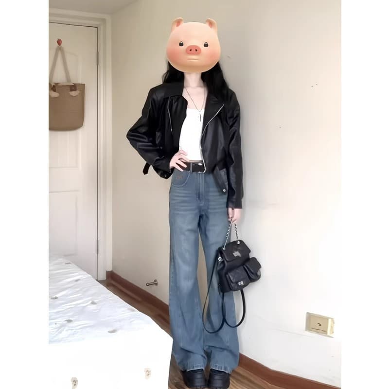 Black PU Leather Jacket Women Short Cropped Retro Motorcycle Coat 2025 Fall Winter Hong Kong Style PU Leather Jacket