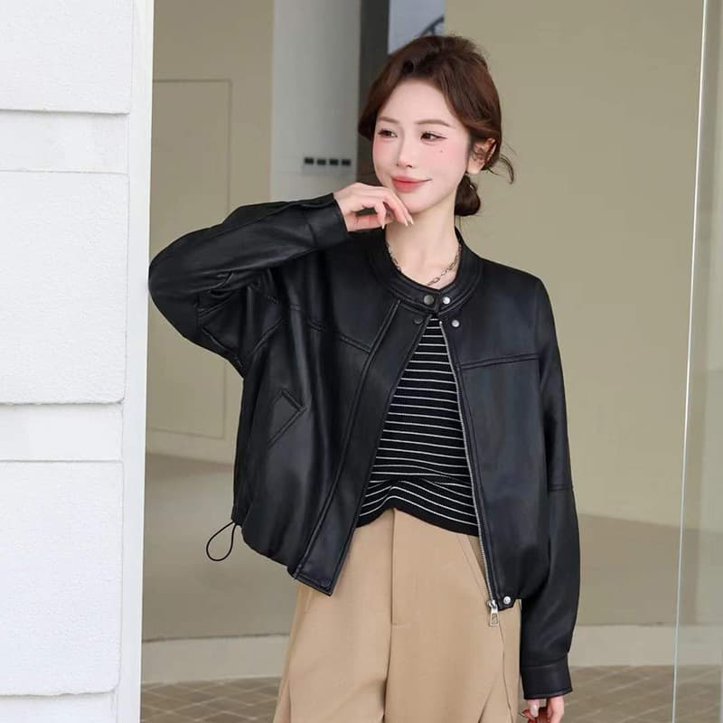 Black Leather Jacket for Women 2026 Spring New Style Loose Design Slimming Biker Jacket Versatile Pu Leather Jacket