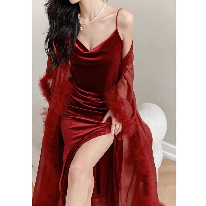 Bride Wedding Morning Robe Autumn Winter Sexy Velvet Long Dress High-End Feather Wedding Sleepwear Pajama Dress