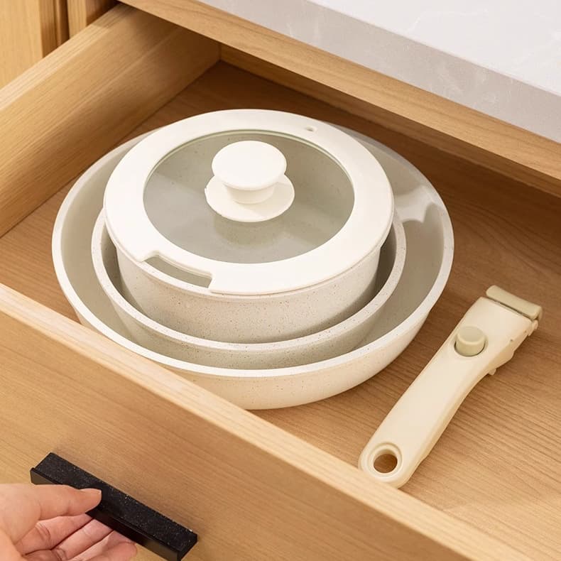 Detachable Handle Non-Stick Flat Bottom Pot Set Stone Material Handled Soup Pan Frying Pan High Aesthetic Value Kitchenware