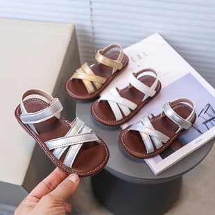 Korean Fashion Girls Sandals Summer Open Toe Simple Cross Strap Baby Beach Sandals Little Girls Roman Sandals