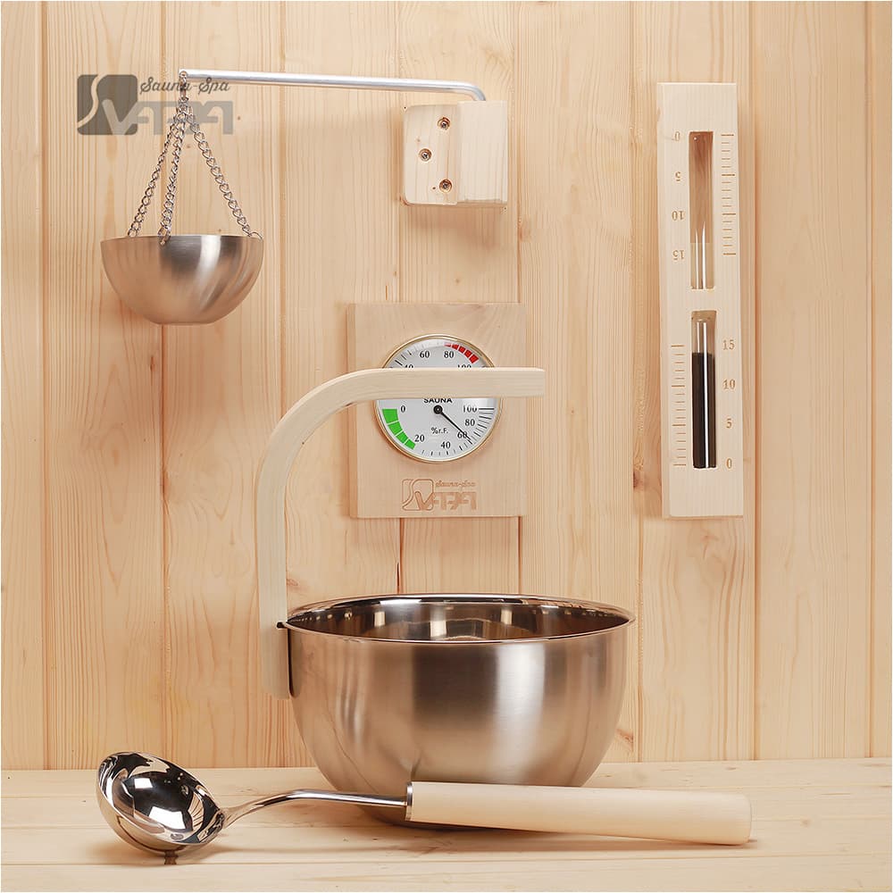 Factory Direct Stainless Steel Curved Handle Bucket, Thermometer Hygrometer, Sand Timer, Essential Oil Bowl Sauna Set