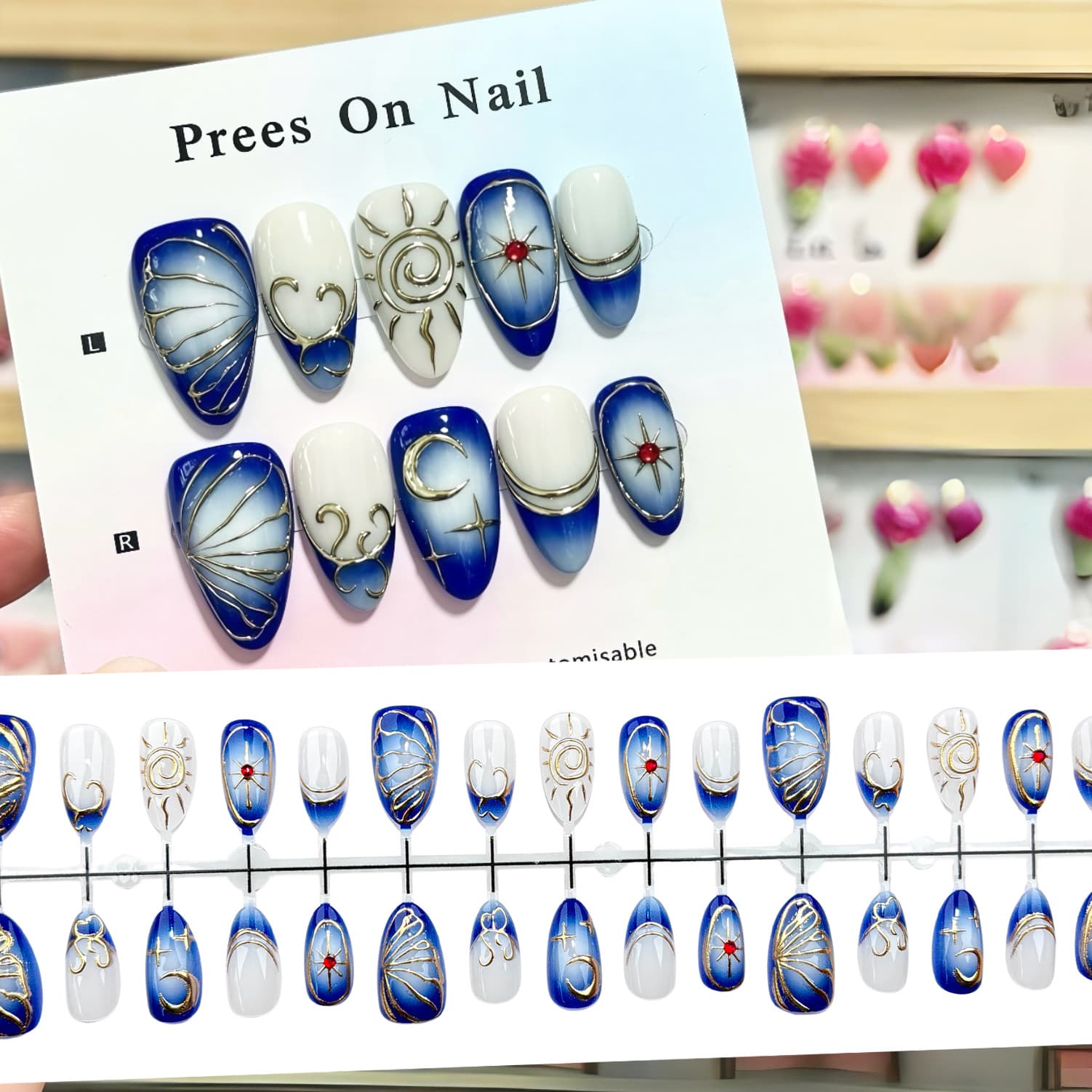 Ultra-Short Almond Klein Blue Gradient Gold-Foil Press-On Nails French Cross-Border Bestseller High-Quality European and American Style