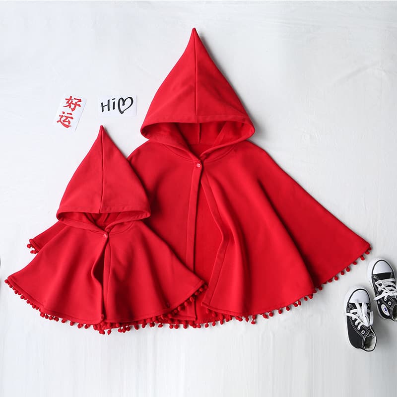 Autumn/Winter Red Hooded Cape Family Matching Set, Newborn Baby Girl Knitted Poncho Outwear