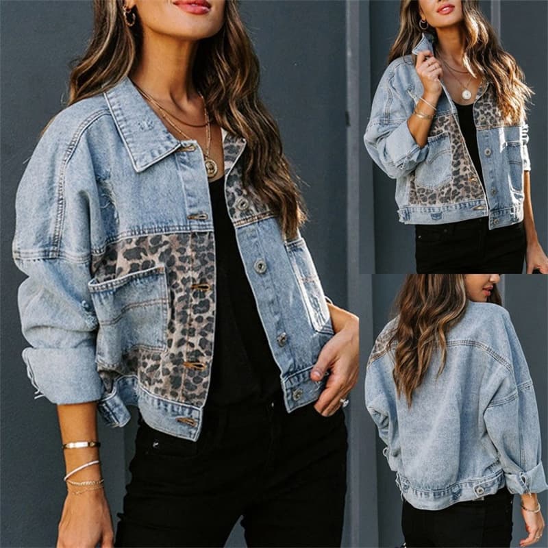 Cross-border Autumn/Winter Amazon Denim Jacket for Women Long Sleeve Independent Station European and American Denim Jacket Women Leopard Print Patchwork