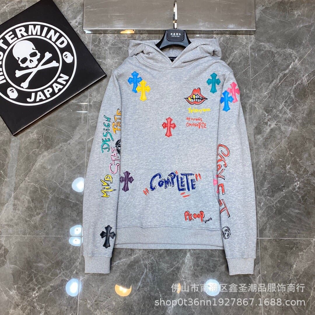 23SS trendy brand Chrome Hearts colorful letter patchwork leather hoodie with Sanskrit hand-painted graffiti.