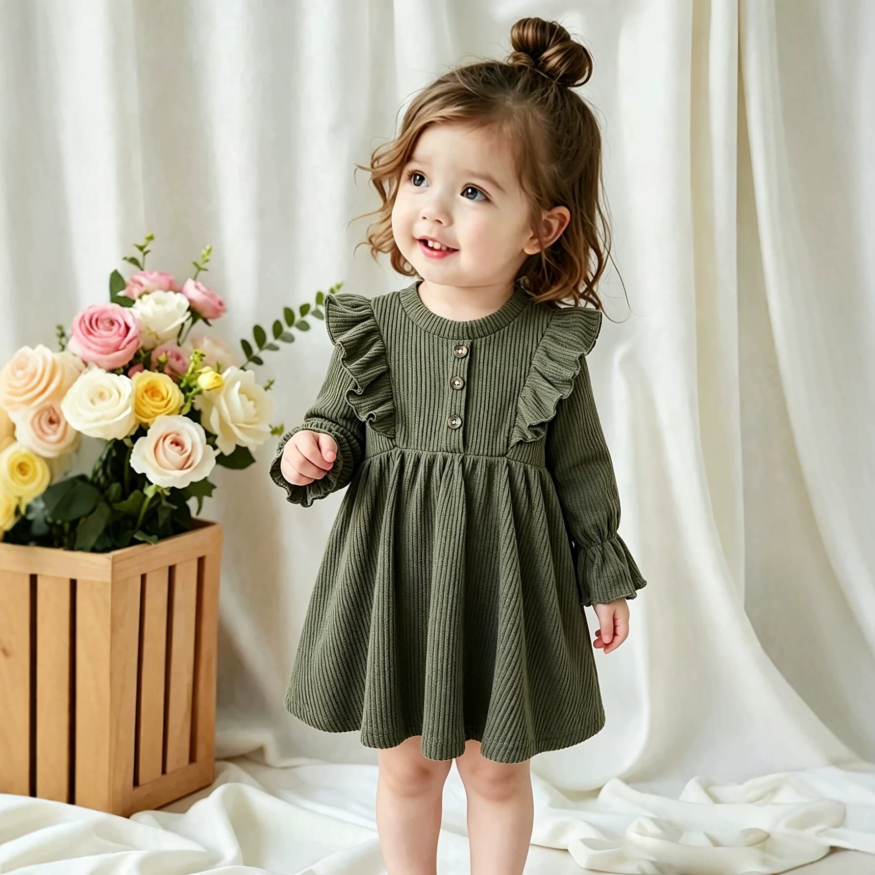 Spring and Autumn New Arrival Baby Girl Lace Round Neck Fleece Ribbed Vintage Elegant Ruffle Long Sleeve Dress