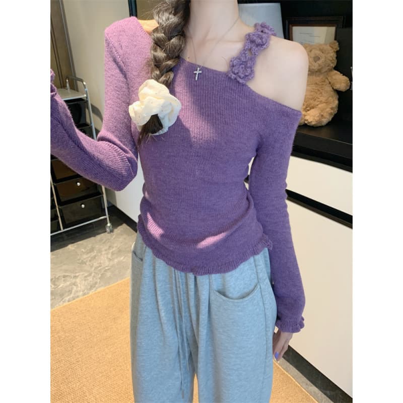 Purple 3D Hook Flower Off-Shoulder Sweater Knit Top Women Autumn Winter New Slimming Inner Layer Base Long Sleeve Top