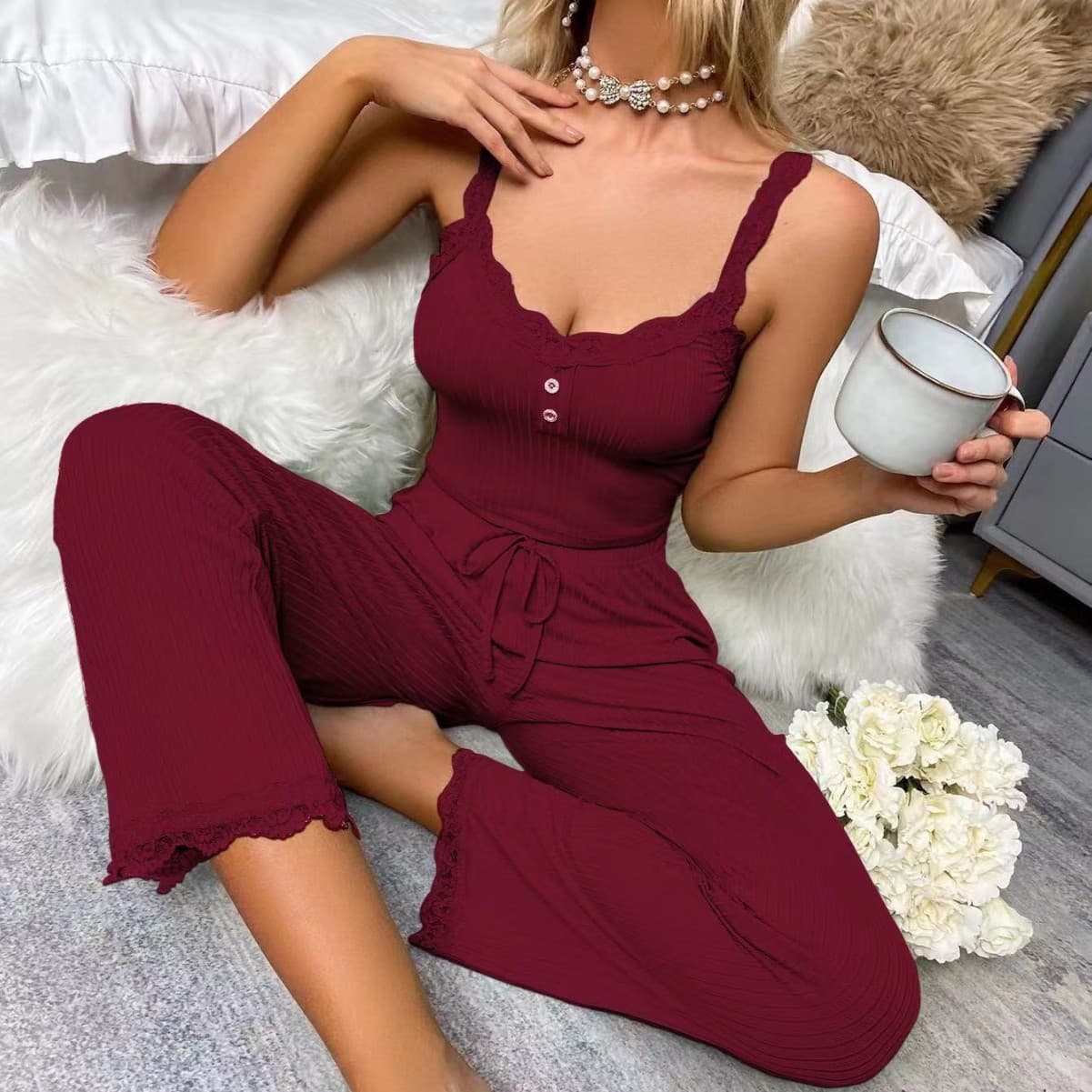 Cross-Border Casual Pajamas Summer Lace Suspenders Sexy Hot Girl European and American Women's Home Wear Two-Piece Set
