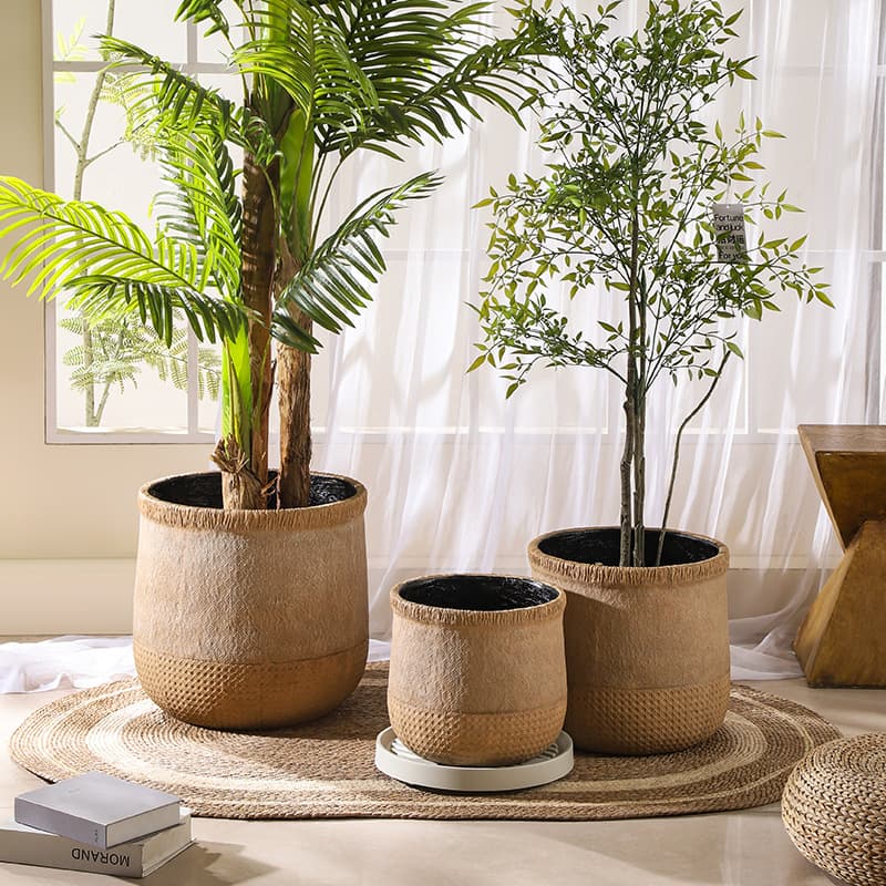 Wabi-Sabi Style Bamboo Woven Basket Shape Magnesium Cement Flower Pot with Drainage Hole, Large Diameter, for Home Decoration, Rubber Tree, Large Green Plants, Bamboo