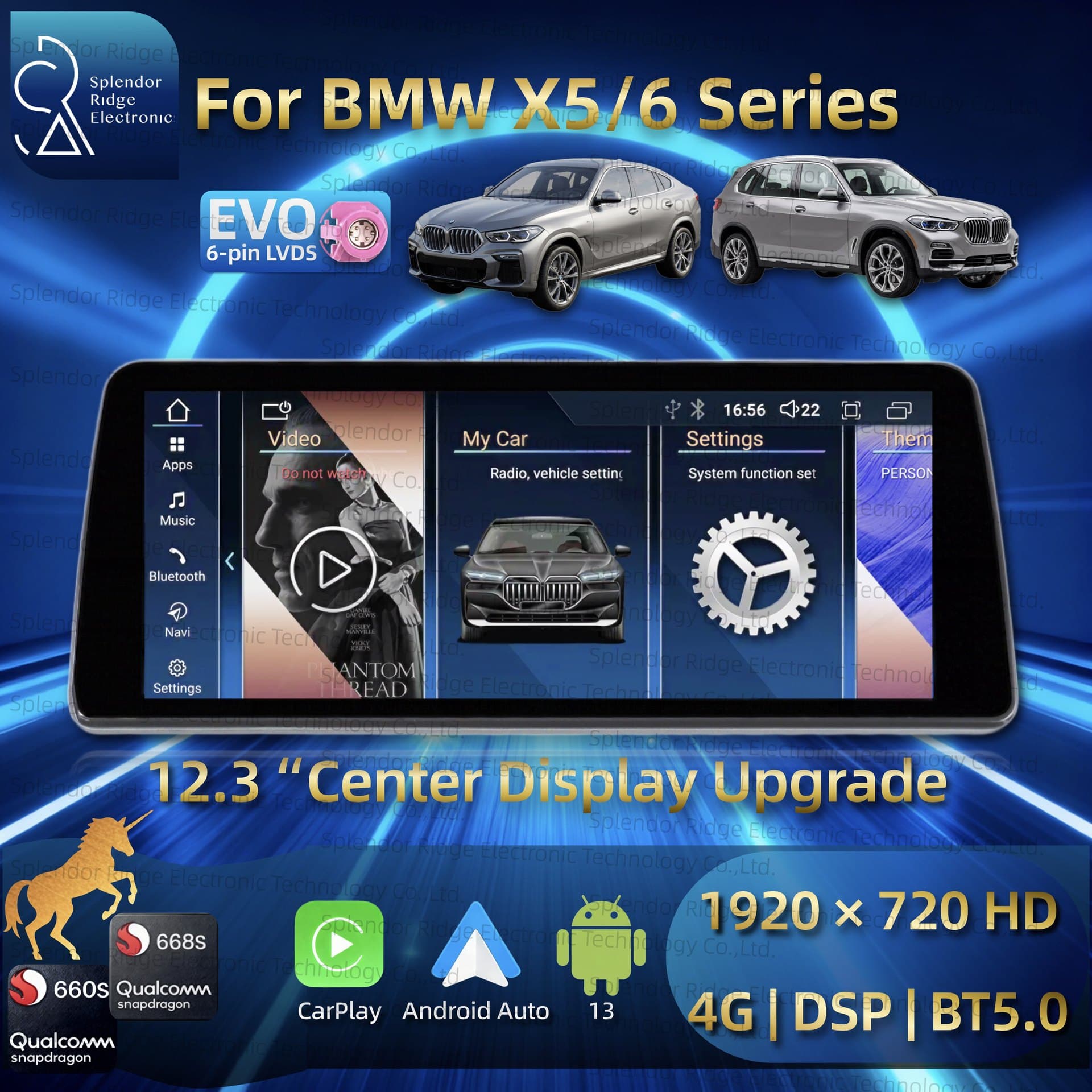 For BMW X5 X6 2018 Model Android Central Control Large Screen 12.3 inch Qualcomm Car Navigation 4G Bluetooth EVO Specific
