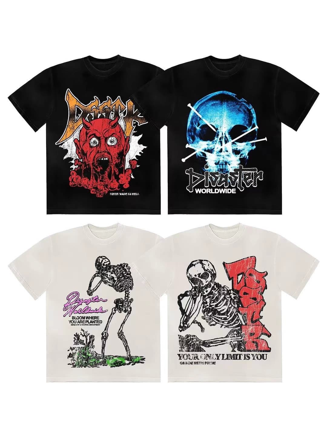 Cross-border Trade Skull Knit Summer Cotton Short Sleeve T-Shirt for Men and Women Casual Loose Top Rock Skull Print