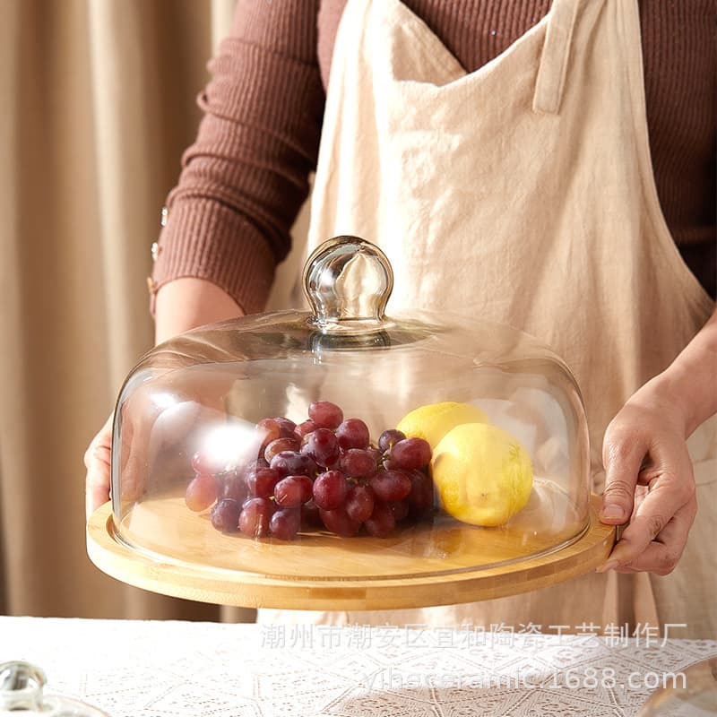 Cross-border hot selling glass cover afternoon tea bread dessert fruit display dustproof transparent fruit plate pastry stand dried fruit