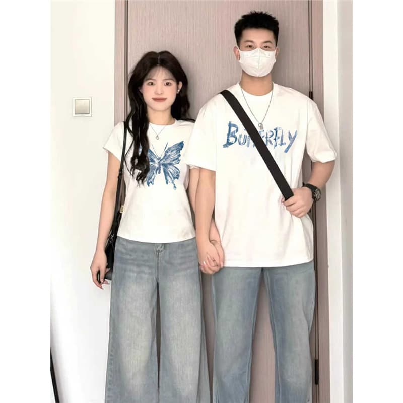 Unique Couple Outfits Summer 2025 New Arrival, Super Popular Niche Versatile Slim-Fit Regular Shoulder Short Sleeve T-Shirt Women