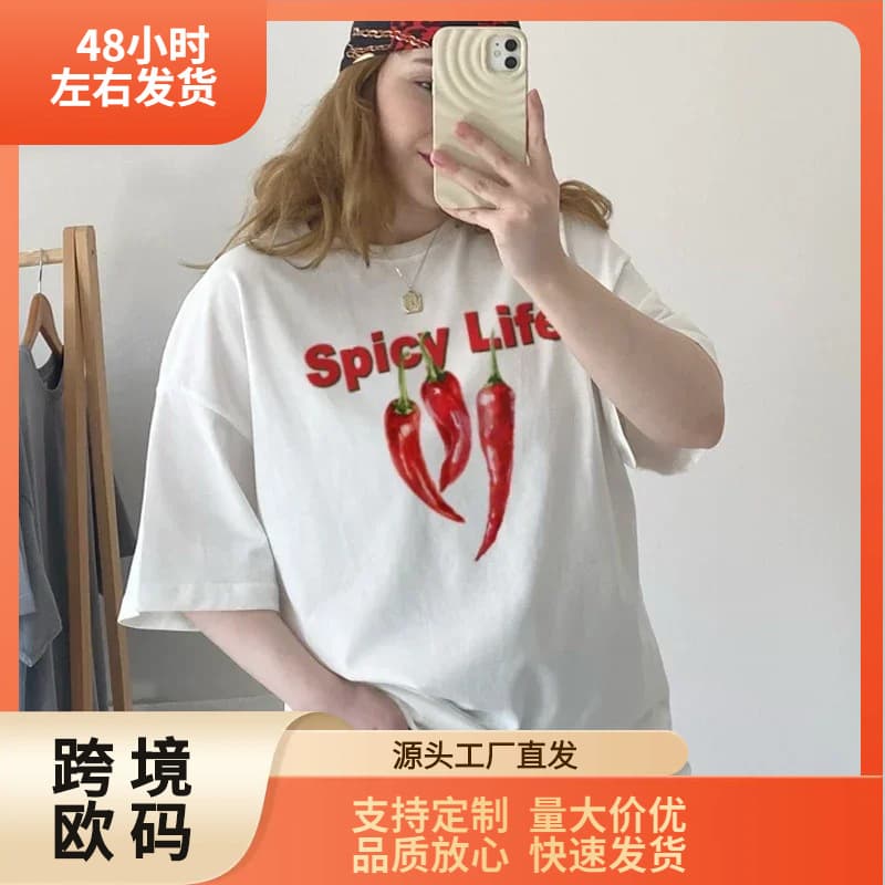 Independent Site European Size Summer Loose Street Women's Top Spicy Life Chili Print T-Shirt Y2k Trash Aesthetic Graphic