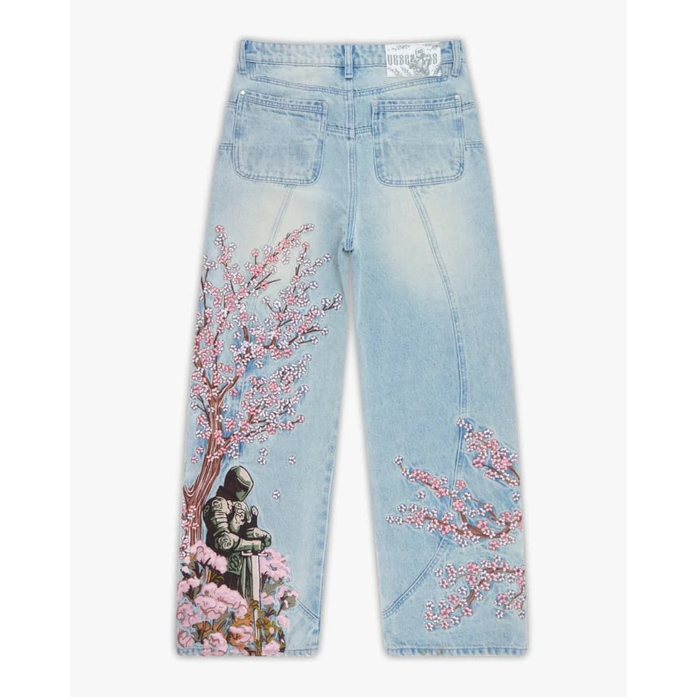 Vescartes Blossom Denim Sakura Embroidery Denim Pants Straight Loose Unisex Knight Embroidery Pants