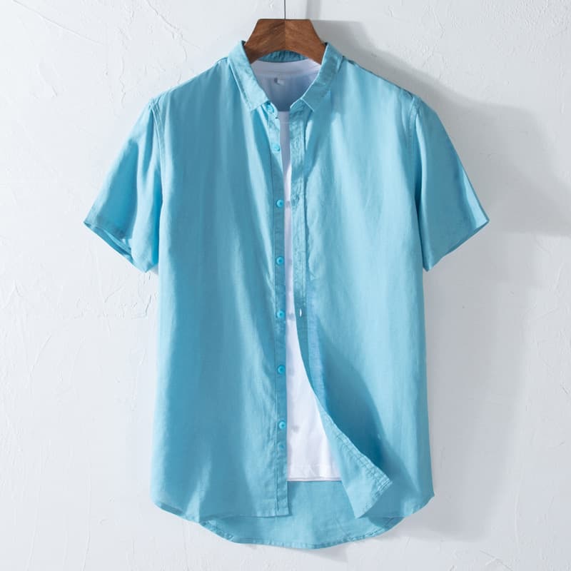 Summer simple linen shirt men's short-sleeved thin slim fit linen top trendy men's handsome cotton and linen shirt