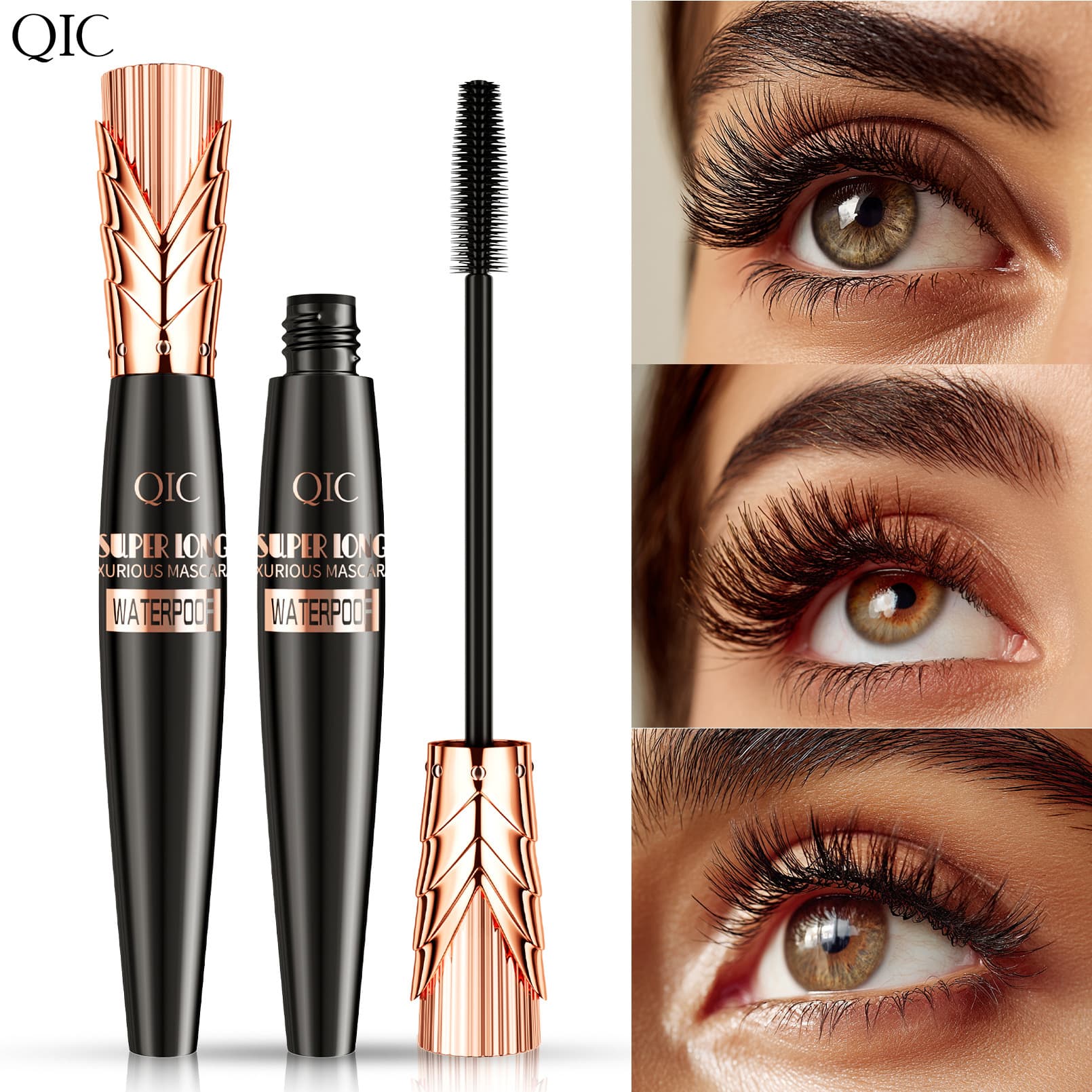 Cross-border New Product QIC Crown Head Black Gold Mascara 4D Large Brush Waterproof Volumizing Lengthening Curling Source Factory Stock