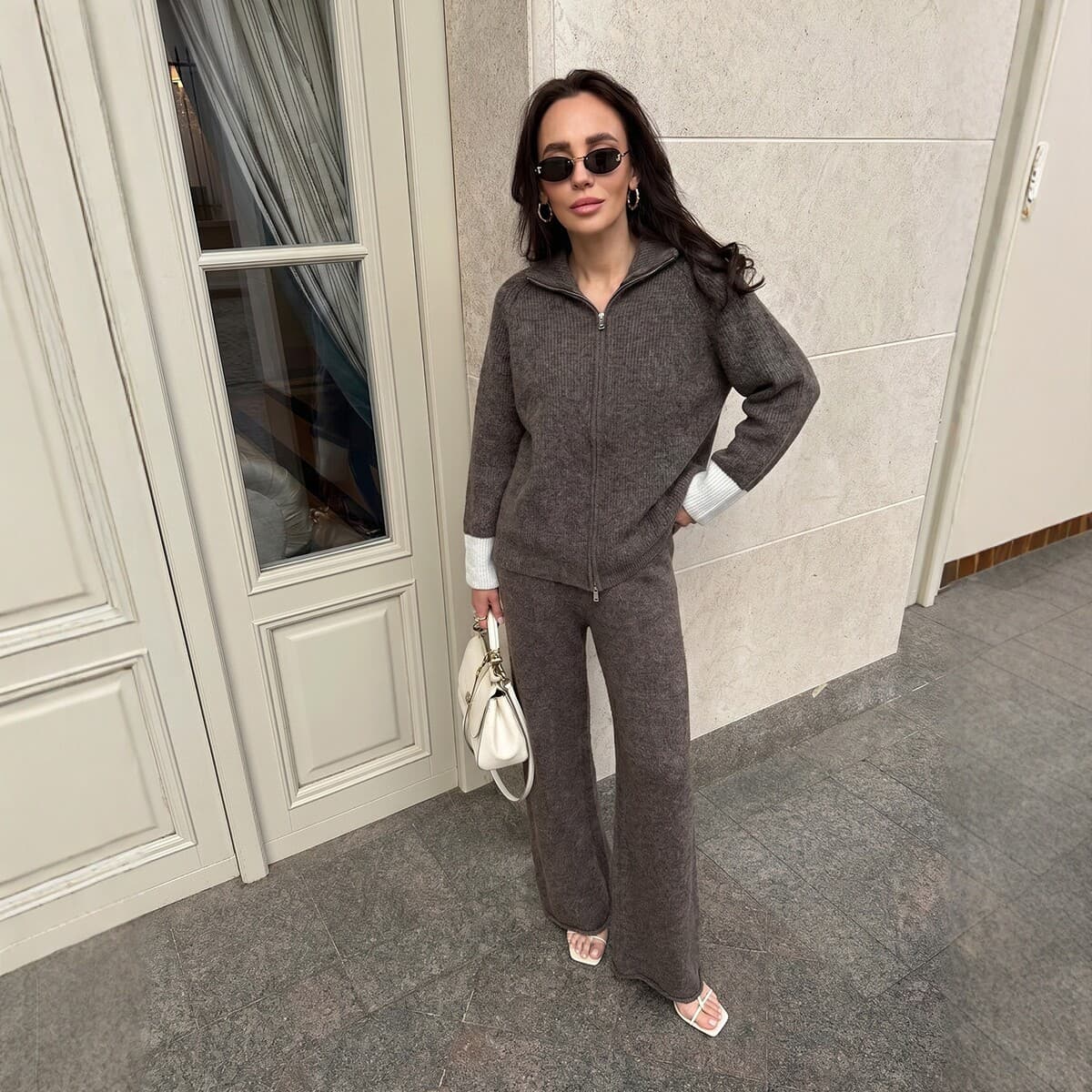 2026 Fall/Winter New European American Knit Cardigan Set Women Wool Blend Zip-Up Sweater Wide-Leg Pants Two-Piece Set