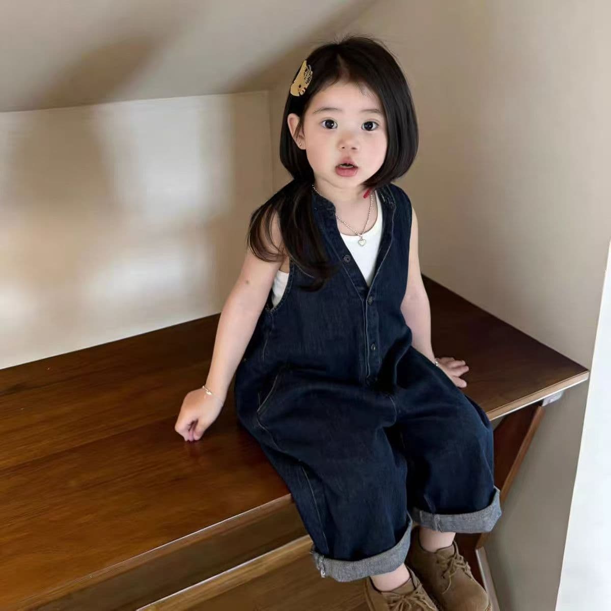 2026 Summer Girls Suit Korean Denim Jumpsuit Children's Style Wide Leg Pants Children's Versatile Casual Children's Clothing