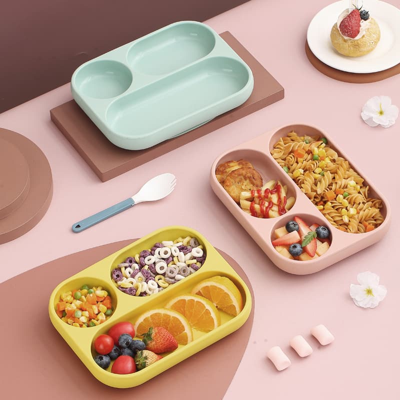 Food grade silicone all-in-one dinner plate baby training eating plate with suction cup baby three-compartment food supplement plate