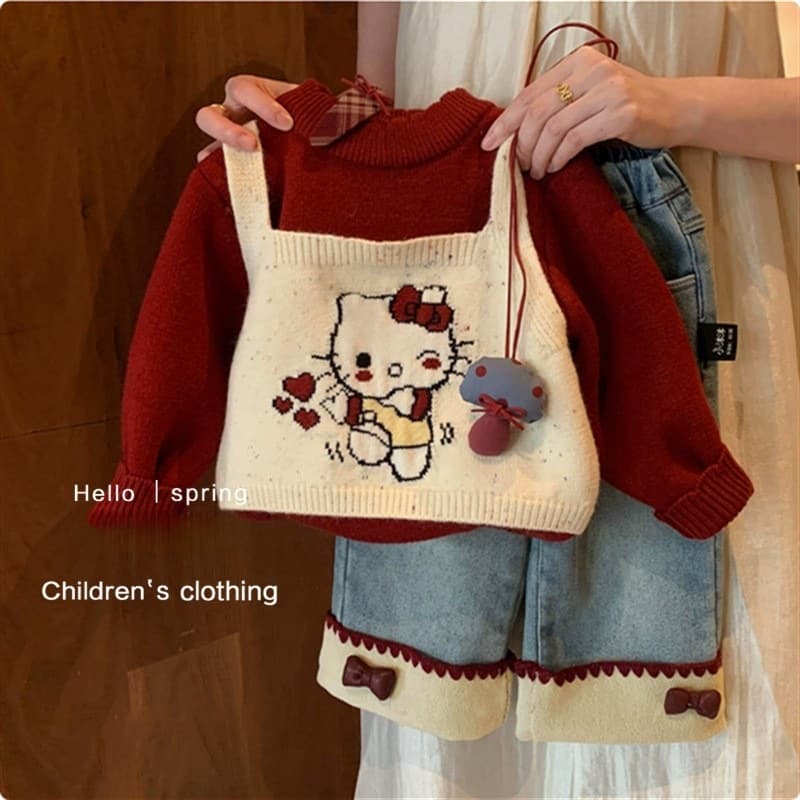 Tian Xiaosi Girls Fleece Thick Sweater Fake Two-piece New Kids Baby Girl Fashionable One-piece Fleece Sweater Cute