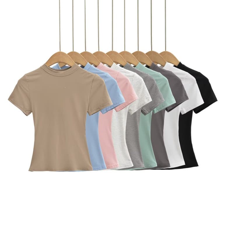 American-Style Spicy Girl Solid Color Top, Kardashian-Style Round Neck Slim-Fit Short Base Shirt, Women's Basic Short-Sleeve T-Shirt