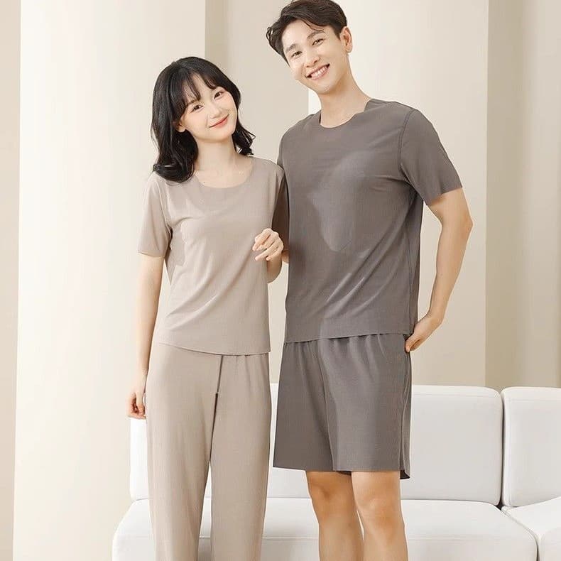 Summer Couple Ice Silk Homewear Pajama Set Men's Shorts Pajamas Women's Thin Round Neck Casual Wear