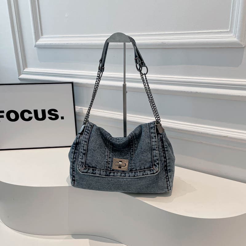 European and American Retro New Casual Commuter Large Capacity Denim Bag for Women, Chain Single Shoulder Crossbody Tote Bag