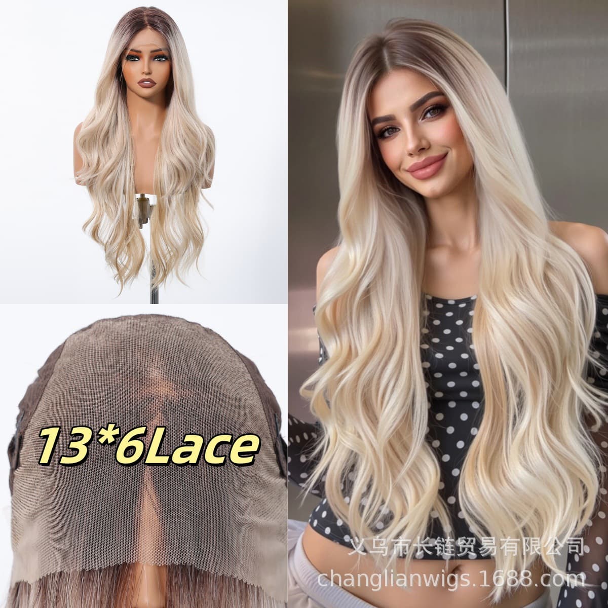 Large Area Free Seam Lace Wig Platinum Gradient Long Curls Full Head Cover Ladies Natural Looking Hair Extensions for All Skin And Face Types