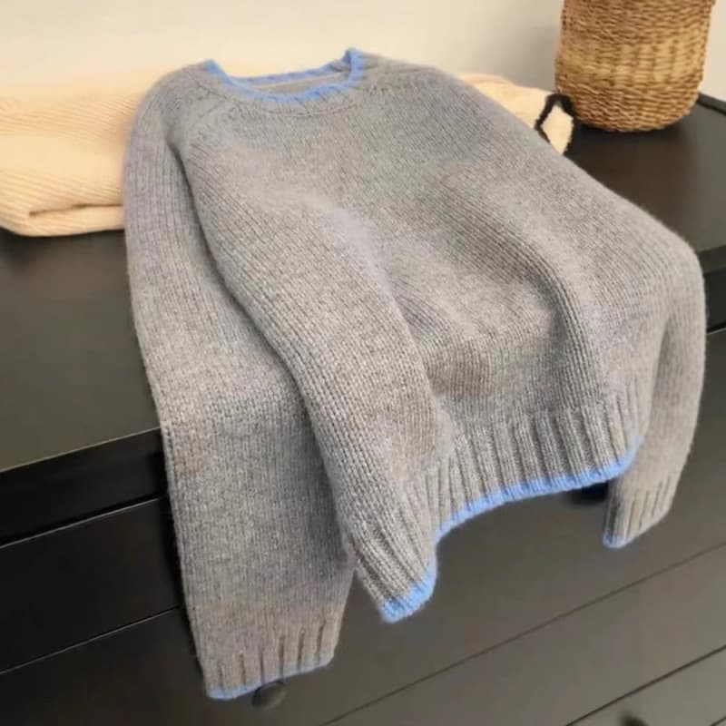 European Heavyweight Wool Sweater for Women, Autumn/Winter Thick Loose Soft Melange Round Neck Short Wool Knit Base Layer Top