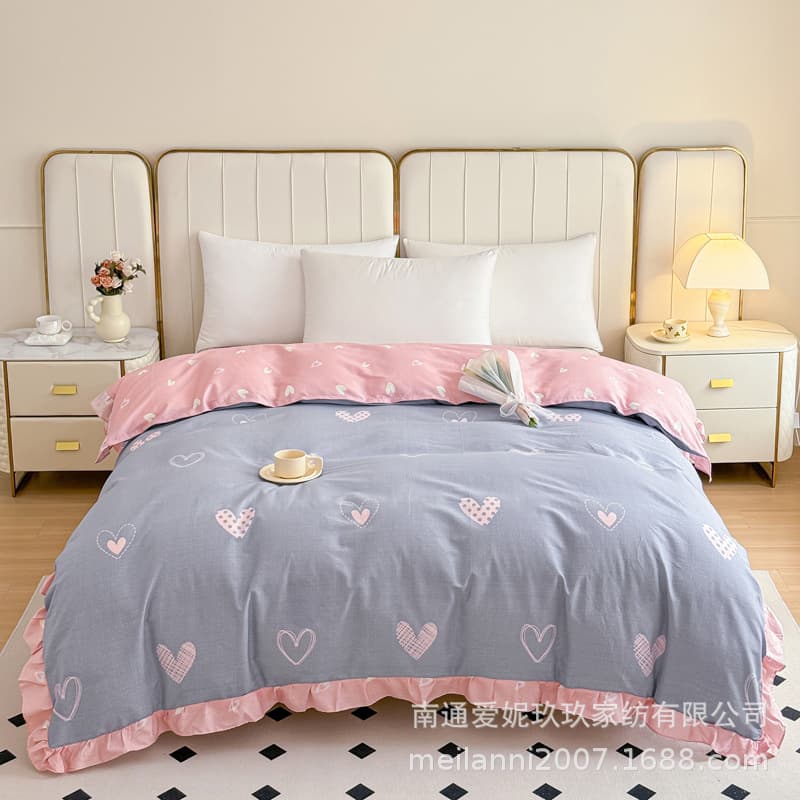 2025 Single Item Duvet Cover Category 3 Simple and Fresh AB-Side Printed Ruffled Hem Full Cotton Duvet Cover Single Piece with Lace Trim