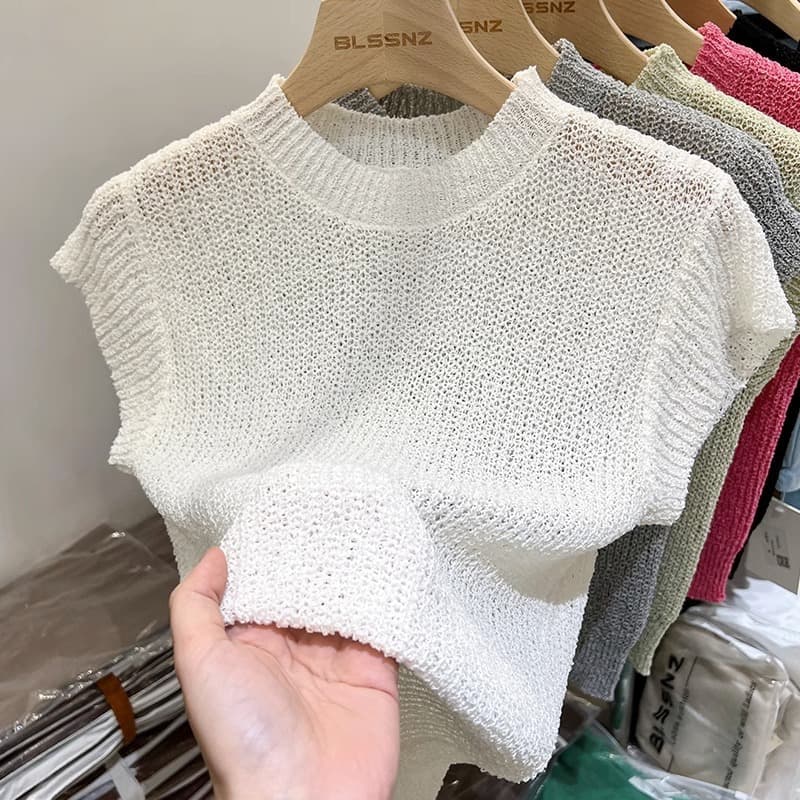 European Style Short-Sleeve Knit Top for Women Summer 2026 New Ice Silk Hollow Design Sleeveless Solid Cropped Top