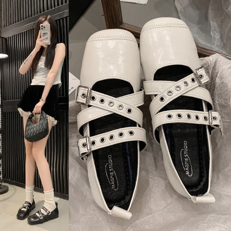 Fashion Design Belt Buckle 2025 Spring Summer Mary Jane Shoes Women Square Toe Versatile Cross Strap Low Chunky Heel Trendy Single Layer Shoes