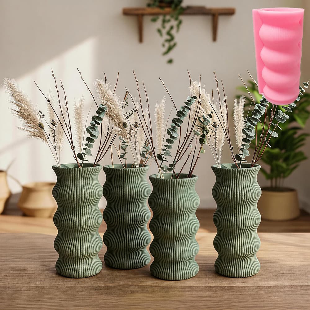 Quanmingxiang Wavy Vertical Stripe Vase Silicone Mold Wabi-Sabi Style Irregular Twisted Gypsum Concrete Vase Mold