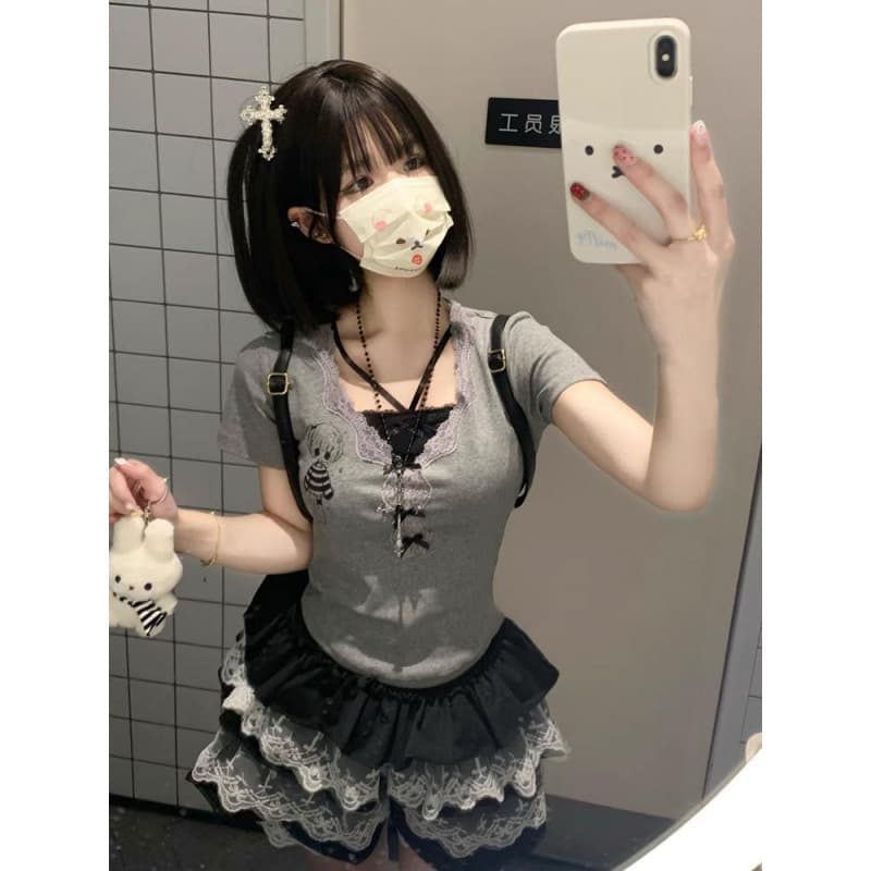 Sweet Lace Layered Short Sleeve T-Shirt for Women, Summer Slim Fit Cute Youthful Crop Top