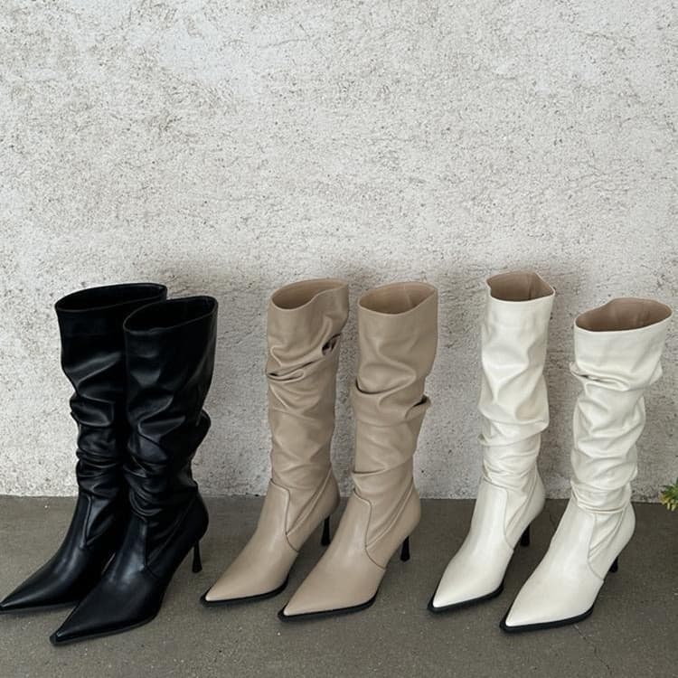 2026 Fall New Pointed Toe Vintage Wrinkled Leather Boots High Heel Sleeve Long Boots Designed to Slim and Show Off Style for Women