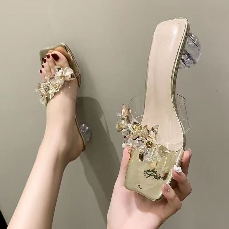 High-heeled slippers 2025 summer new thick heel rhinestone fashion transparent sandals fairy style outer wear crystal sandals