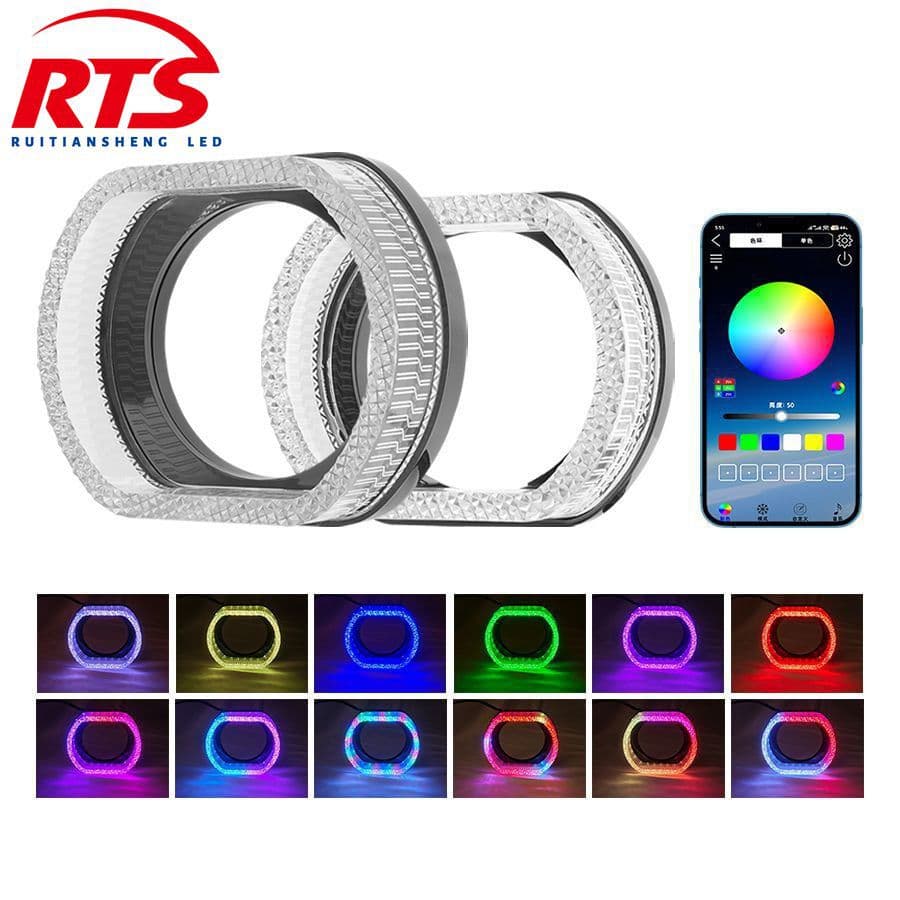Cross-border Motorcycle 5D Angel Eye Phantom Color Square Cover Rectangular Integrated Bluetooth APP Control Decorative Lens Headlight