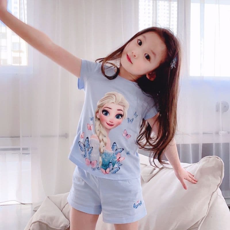 Princess Elsa Girls' Frozen Pajamas Summer Short Sleeve Cute Super Cute Cotton Internet Celebrity Middle and Older Children's Home Set