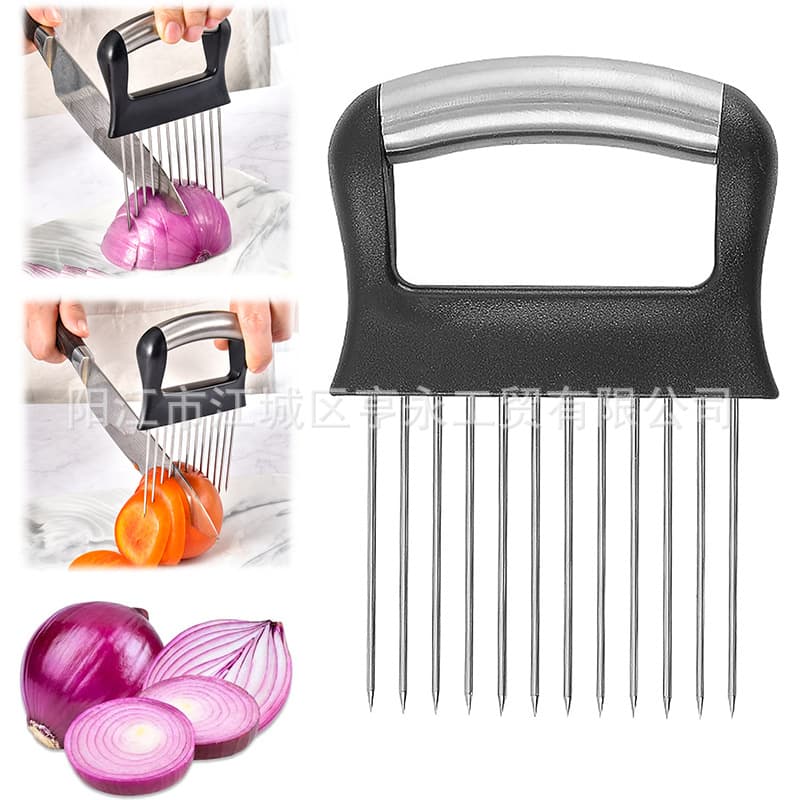 Multi-functional Stainless Steel Onion Holder and Piercer, Meat Tenderizer, Onion Guard, and Fruit/Vegetable Slicing Tool