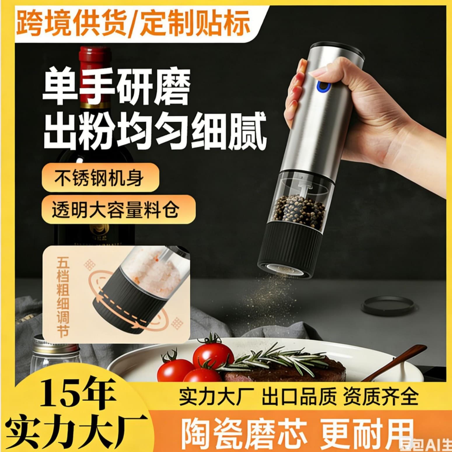Electric Pepper Grinder, Household Sea Salt Grinder, Automatic Seasoning Mill, BBQ Seasoning Fresh Grinder