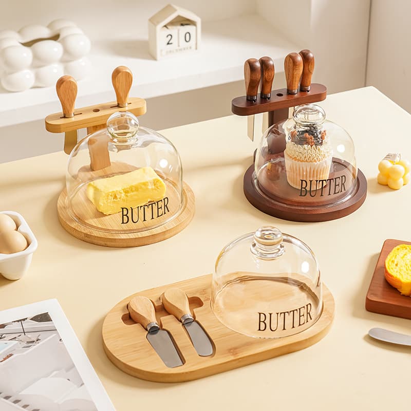 Wooden Butter Tray Glass Cheese Butter Cake Dessert Storage Tray Butter Dish