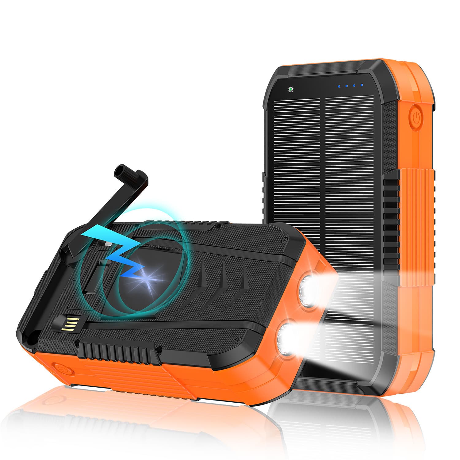 Cross-border outdoor three-proof hand-cranked fast-charging solar power bank set with built-in cable and double headlight power bank set